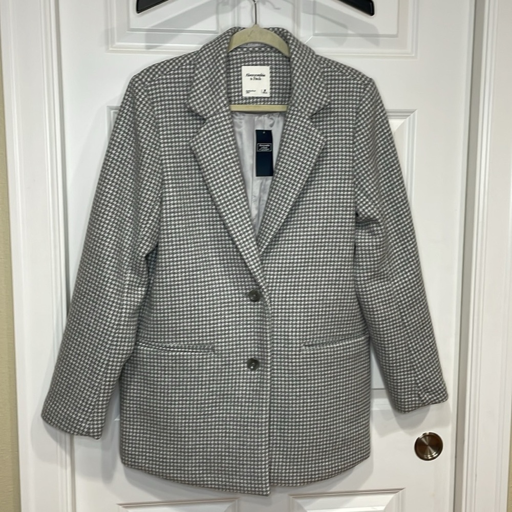 Abercrombie & Fitch Wool Blend Blazer Coat Medium Gray Houndstooth Single Breast